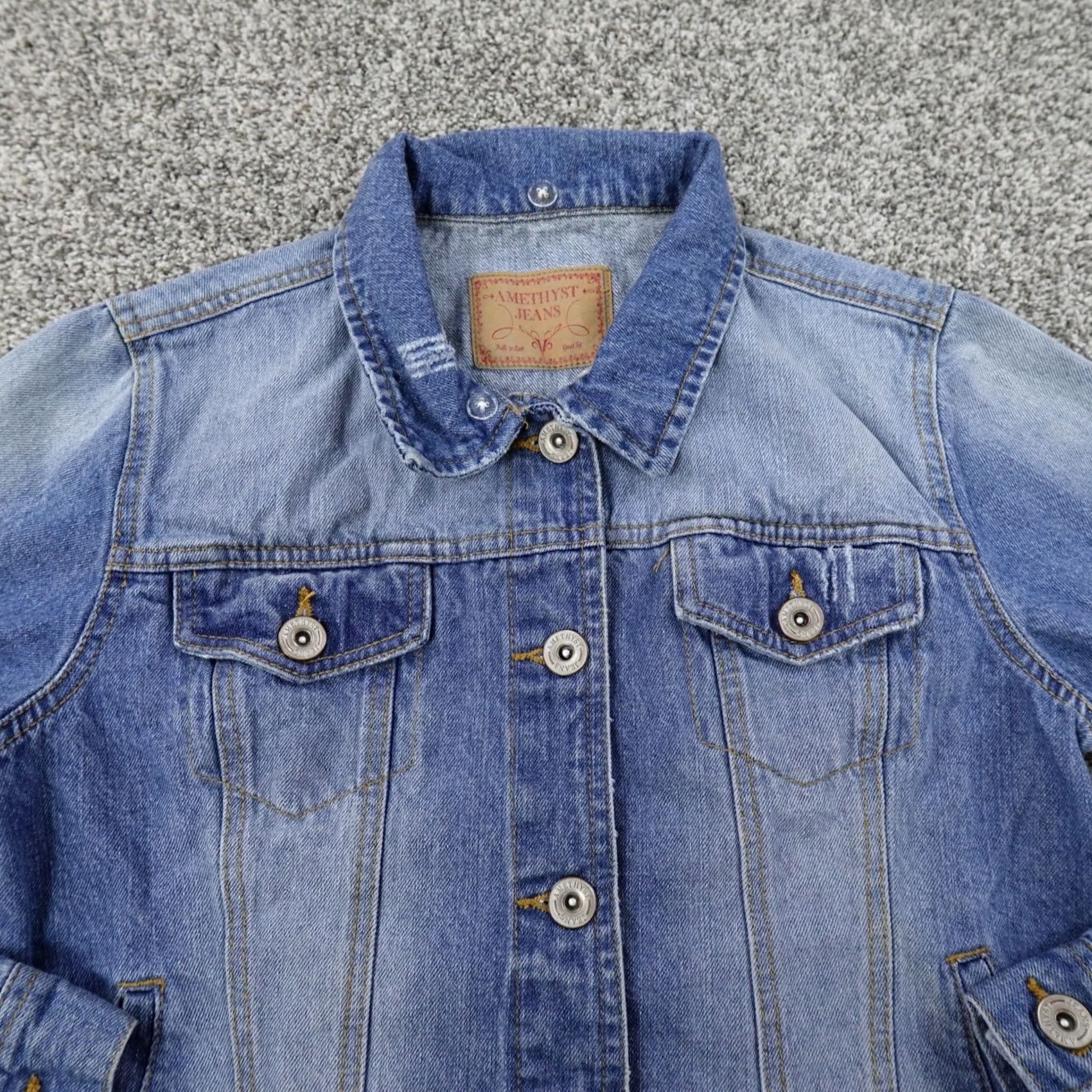 Denime Amethyst Jacket Womens M Blue Denim Faded Distressed Patchwork Biker Shirt Size 32" / US 10 / IT 46 - 4 Thumbnail