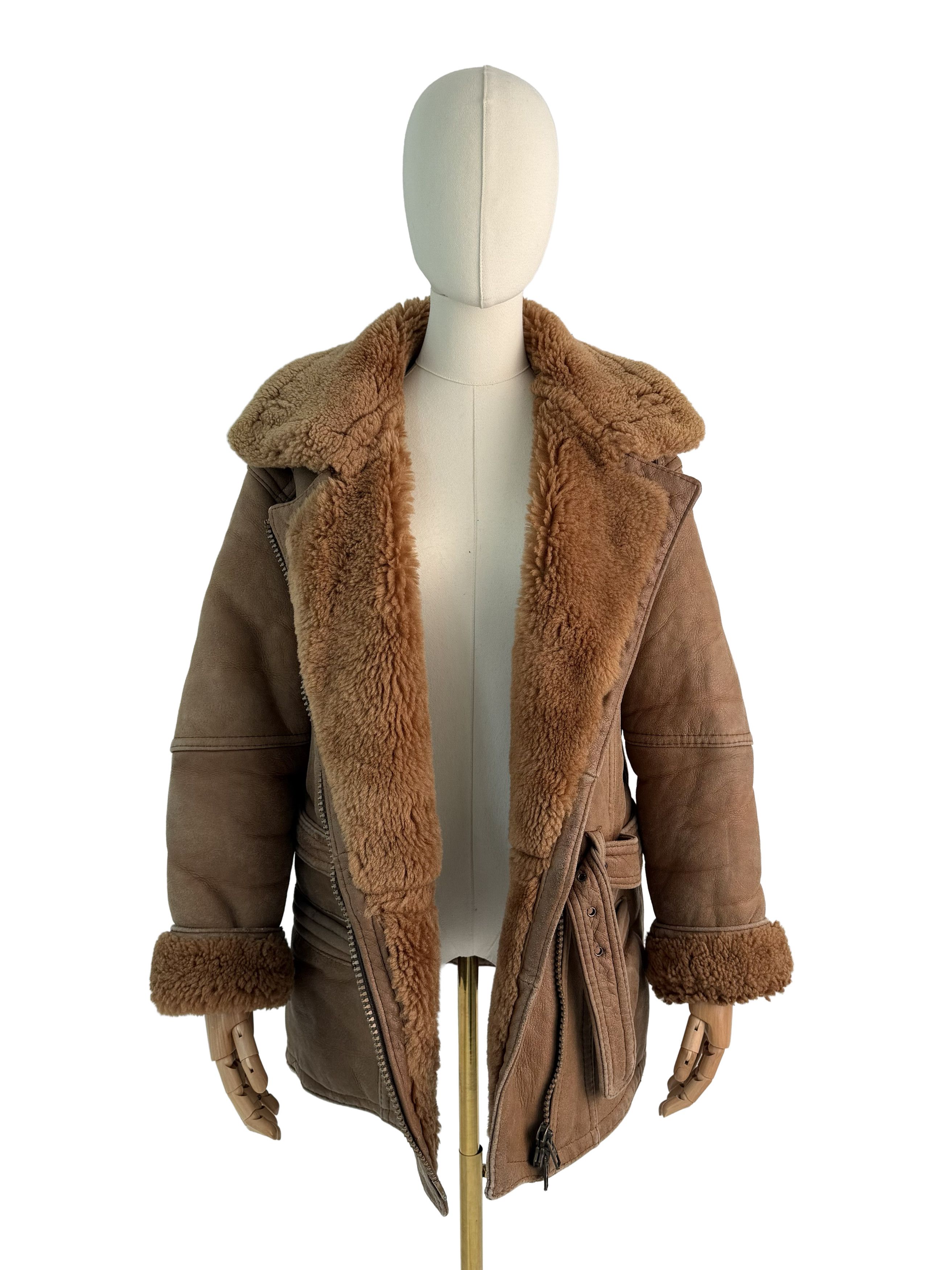 Vintage Vintage Real Shearling Sheepskin Aviator Coat Belted Jacket Size L / US 10 / IT 46 - 3 Thumbnail