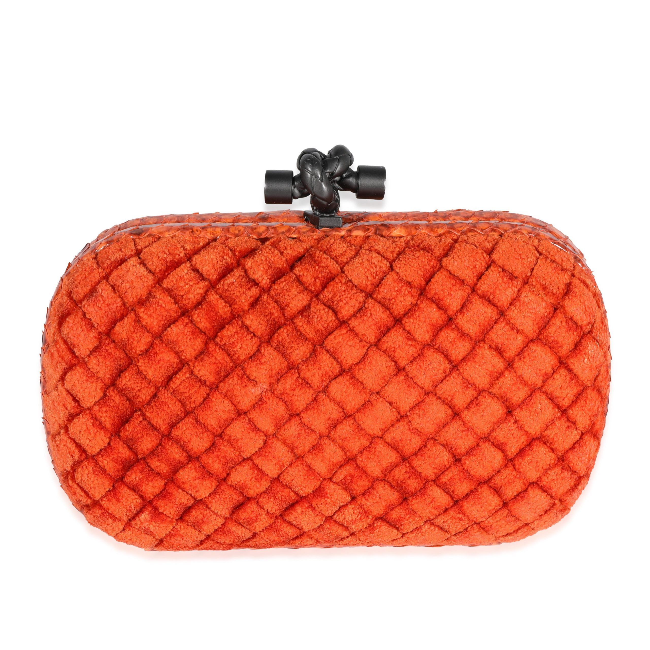 image of Bottega Veneta Orange Intrecciato Velvet & Python Knot Clutch, Women's