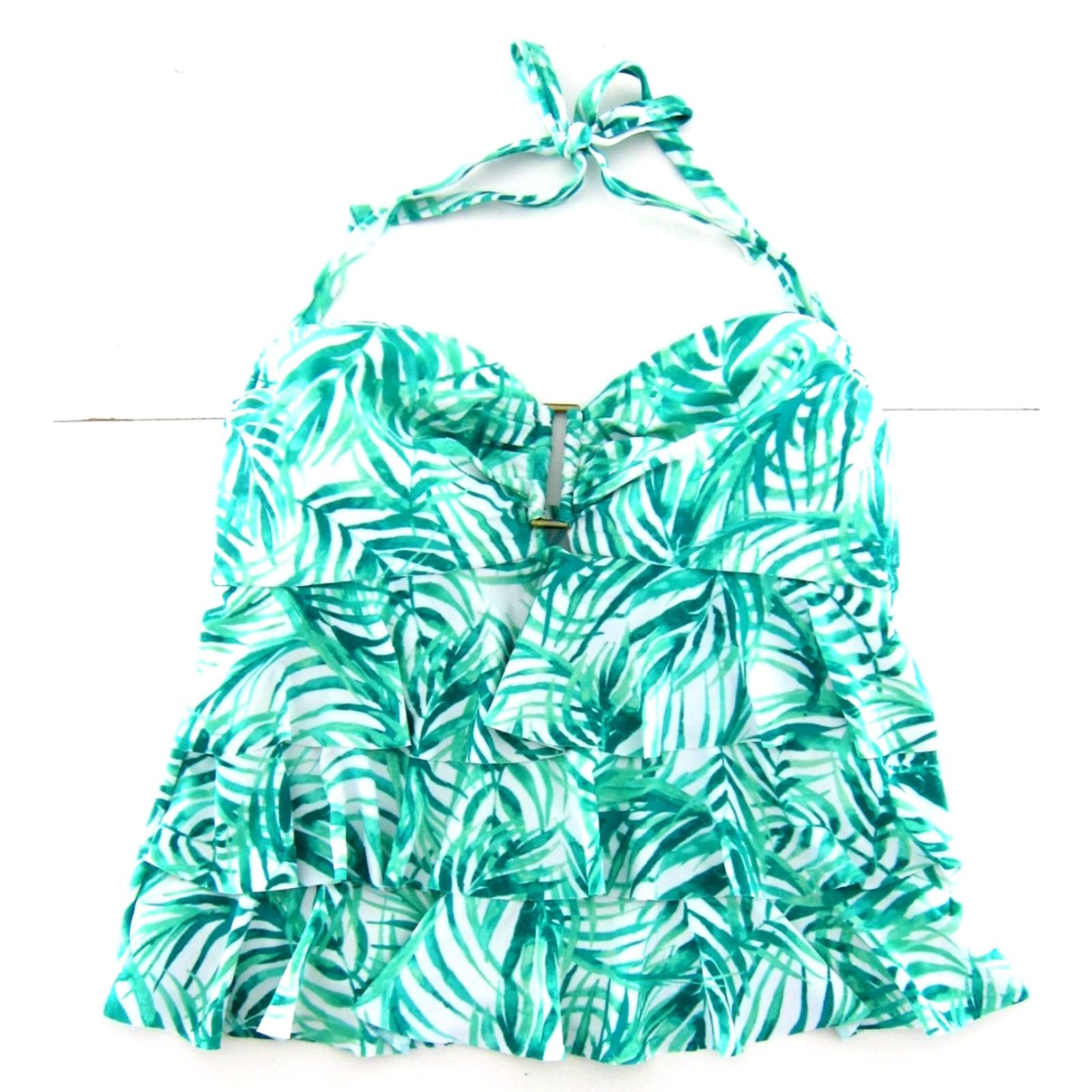 Catalina Catalina Swim Top Tankini Halter Built In Bra 1X 16W Green White Tropical Floral Women Size XL / US 12-14 / IT 48-50 - 2 Thumbnail