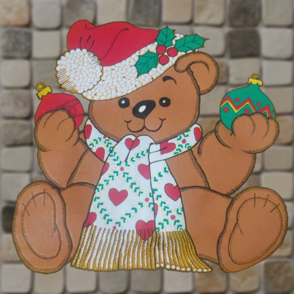 Fruit Of The Loom VINTAGE 1990s Christmas Sweatshirt Bear Large Yellow Heart Scarf Santa Airwaves Size US L / EU 52-54 / 3 - 1 Thumbnail