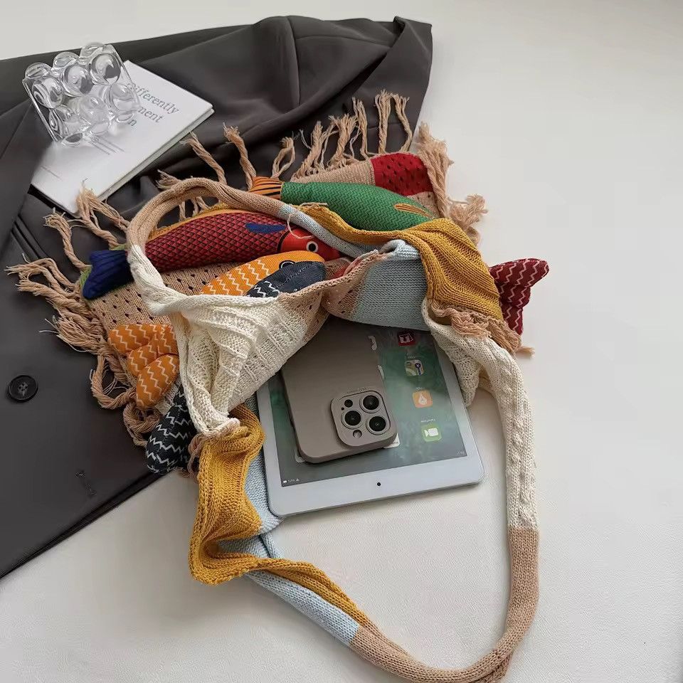 Handmade Handmade Knitted Fish Summer Beach Shoulder Shopping Bag Size ONE SIZE - 10 Thumbnail