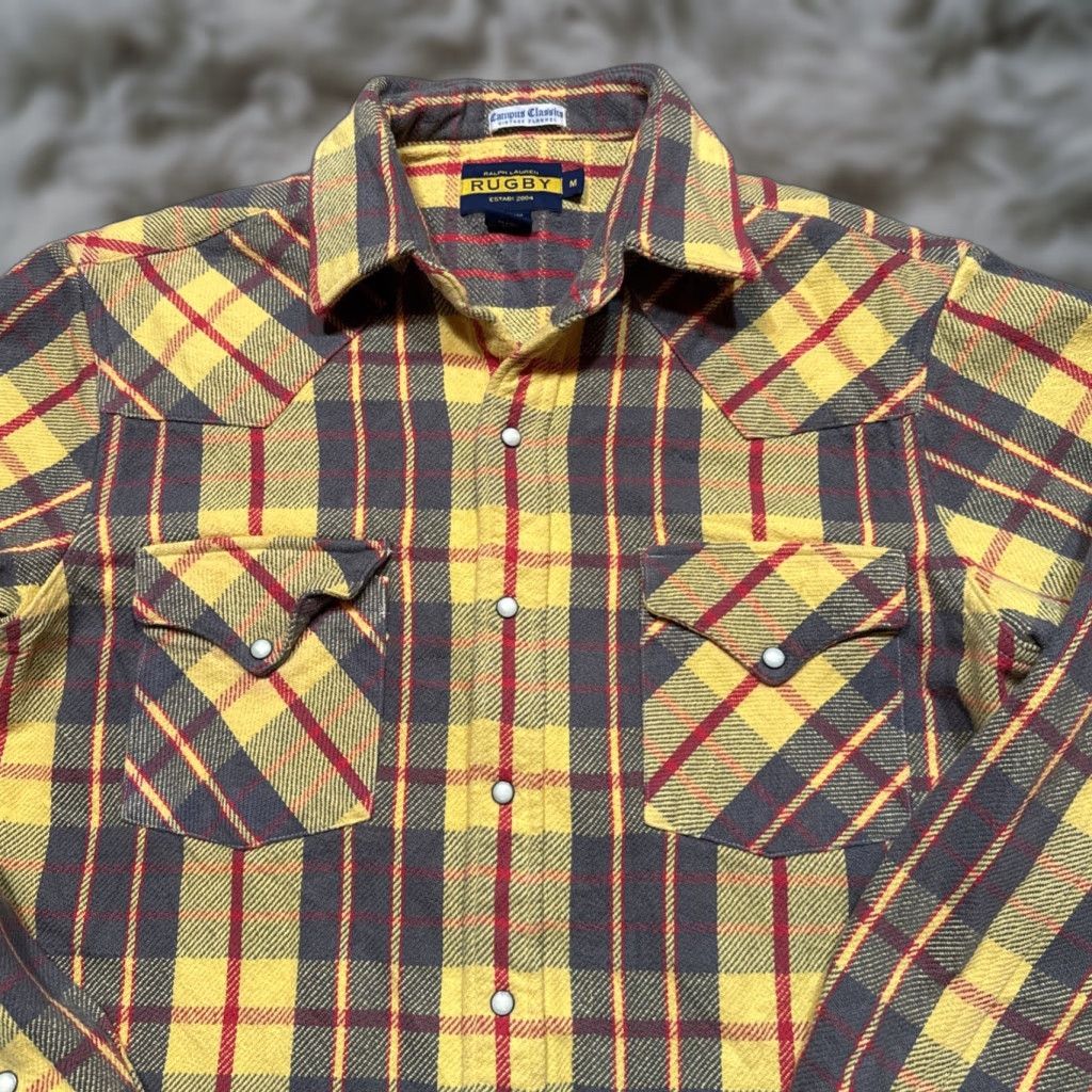 VINTAGE Ralph Lauren Rugby Shirt Plaid Flannel Heavyweight Pearl Snap M Yellow Men’s Regular Size M