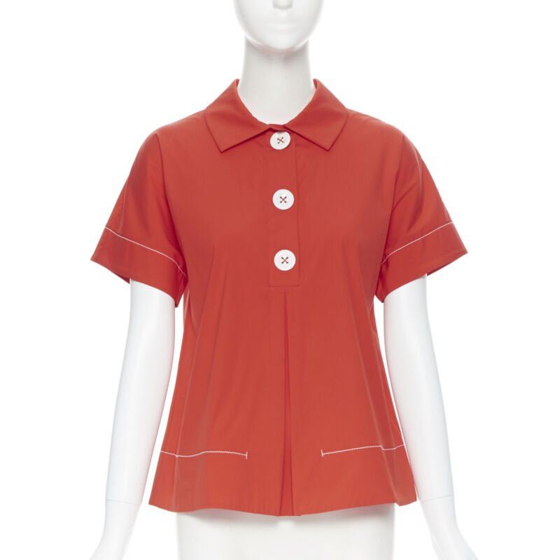 Piazza Sempione PIAZZA SEMPIONE red cotton blend white overstitch babydoll blouse top IT38 Size XS / US 0-2 / IT 36-38 - 1 Thumbnail