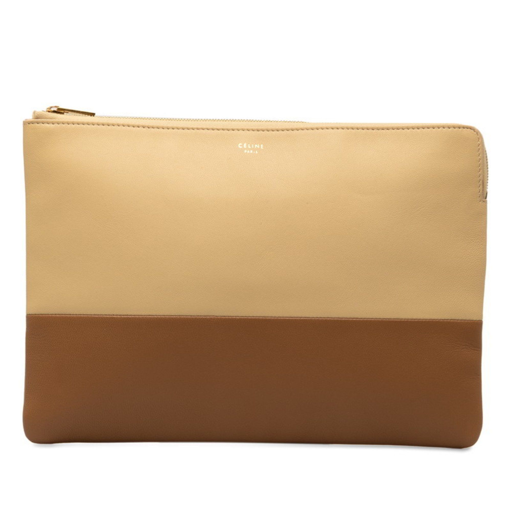image of Celine Bicolor Clutch Bag Second Brown Yellow Leather Women's Celine
