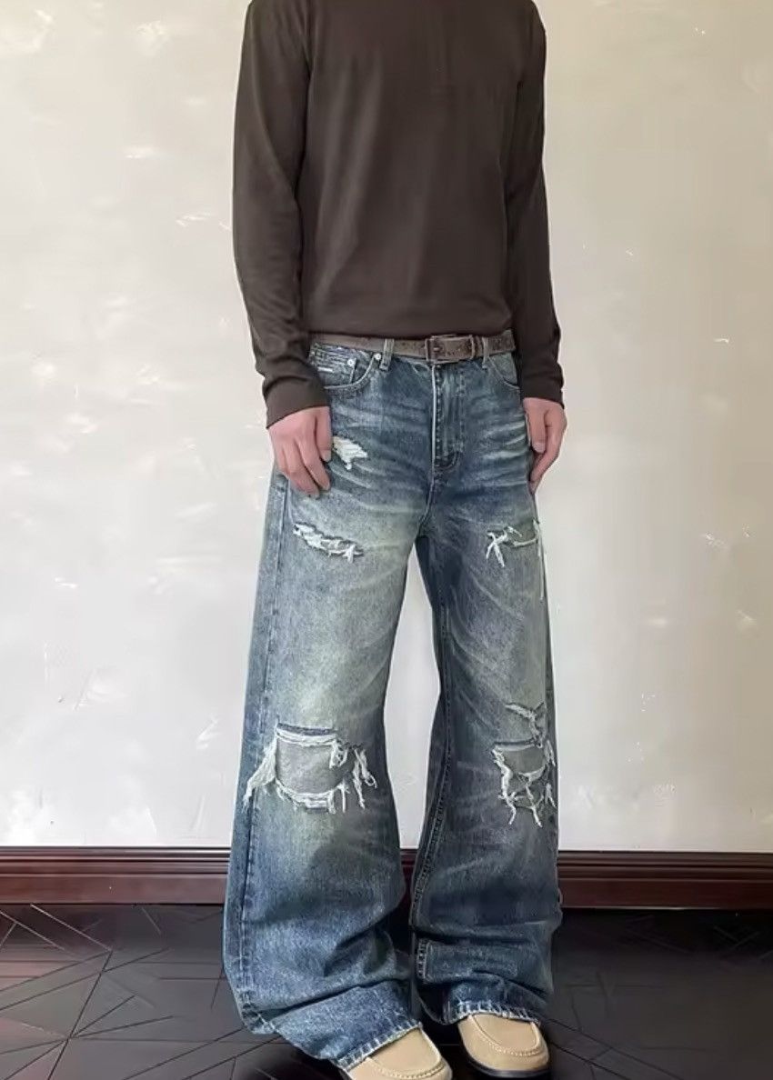 Japanese Brand HEAVY Distressed Ultra-Baggy Denim - Y2K Stacked Fit Size US 33 - 5 Thumbnail