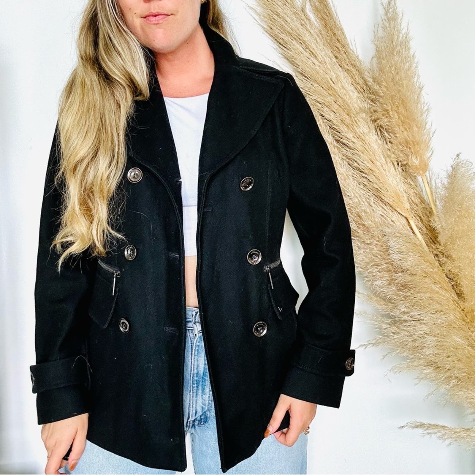 image of Mk Michael Kors Black Wool Button Front Zip Jacket Pea Coat, Women's (Size Medium)
