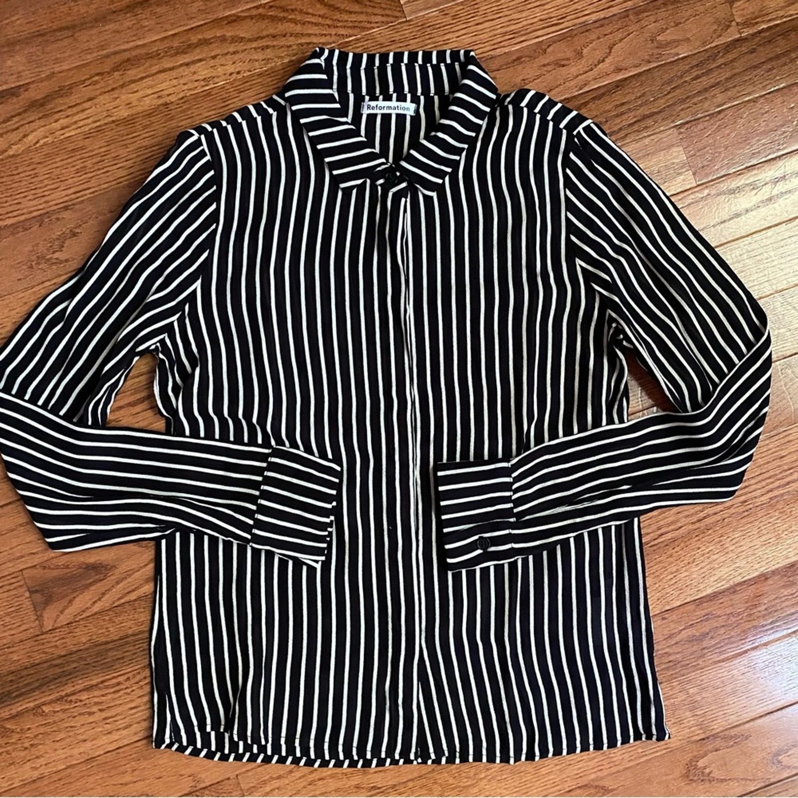 Reformation Reformation Arlington Sheer Striped Blouse Black White S Size S / US 4 / IT 40 - 3 Thumbnail
