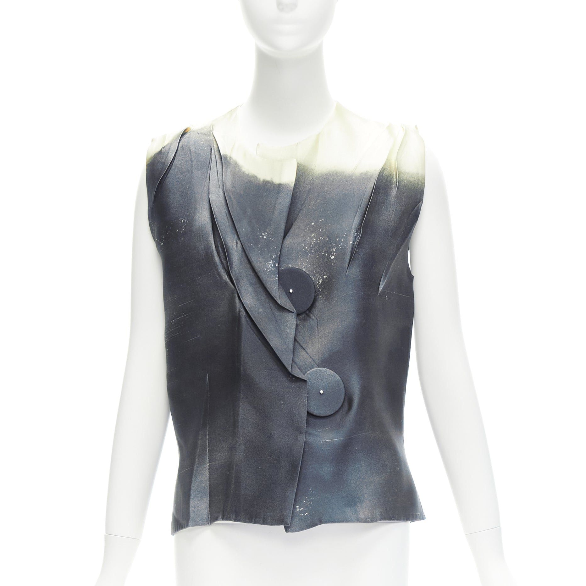 image of Prada 2023 Runway Silk Blend Grey Water Dyed Crinkled XL Button Top It36, Women's (Size XS)