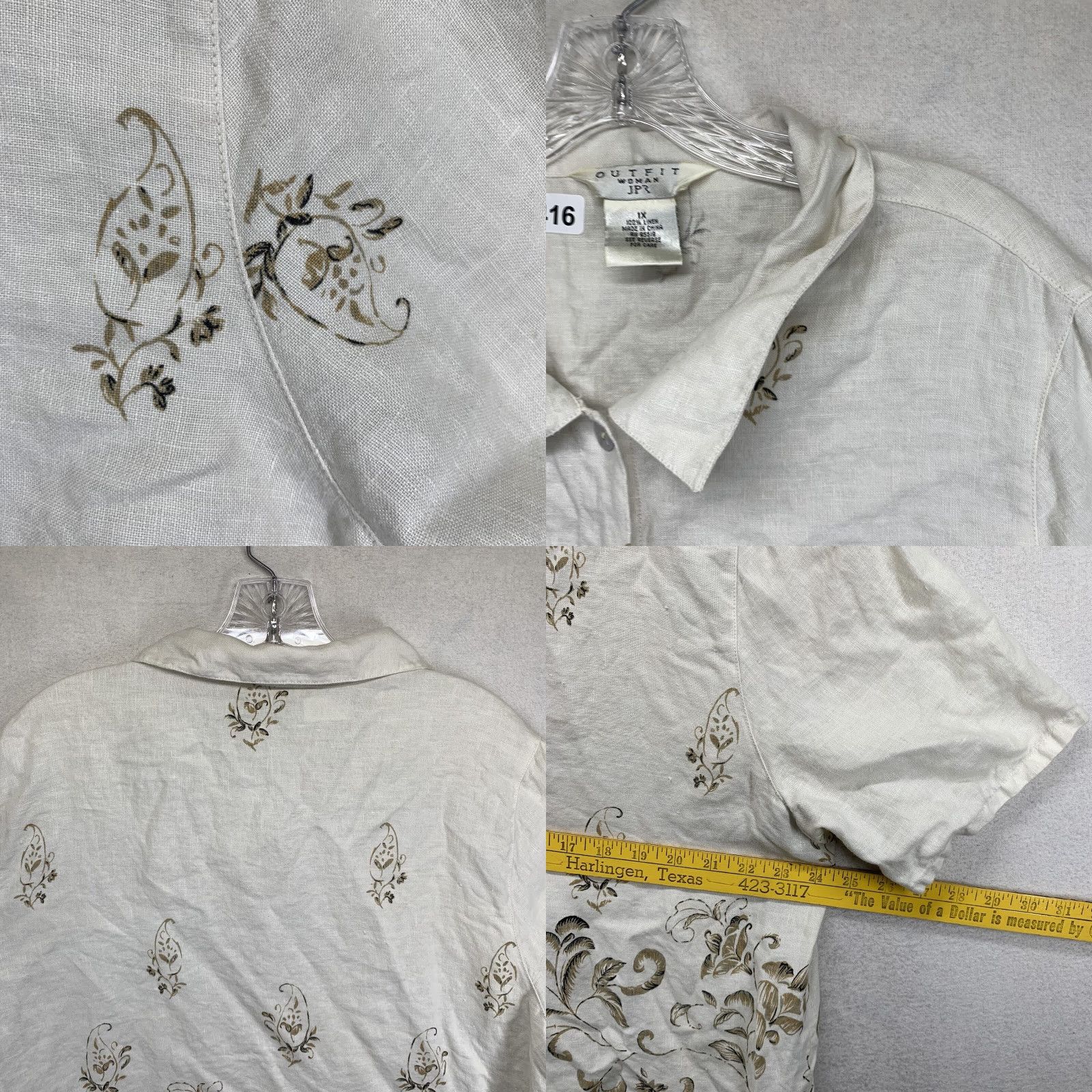 Vintage VINTAGE Outfit JPR Women’s All Linen Top Button-Up 1X Ivory Floral Paisley Pearl Button Bohemian Short Sleeve Casual Shirt Size XL / US 12-14 / IT 48-50 - 9 Thumbnail