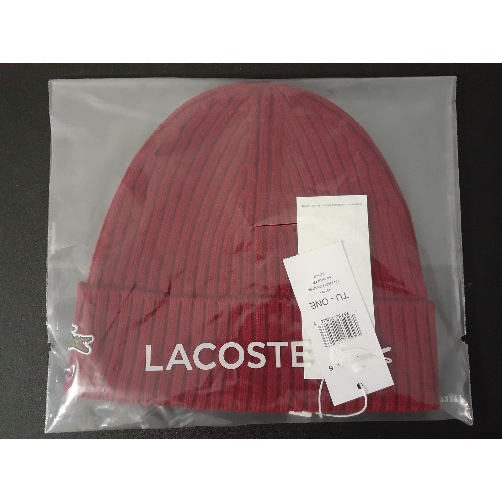 Lacoste Lacoste Mens Ribbed Wool Beanie Bordeaux One Size Touque Size ONE SIZE - 1 Preview