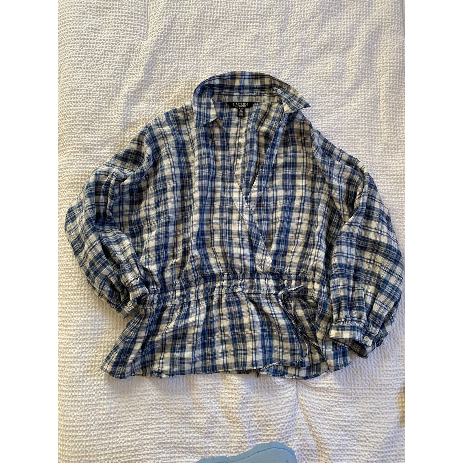 Lauren Ralph Lauren Lauren Ralph Lauren Plaid Linen Peplum Blouse in Blue XL Size XL / US 12-14 / IT 48-50 - 1 Thumbnail