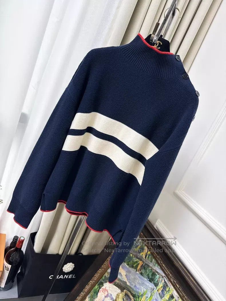 Loro Piana Loro Piana Dark blue striped high-neck side-button cashmer Size M / US 6-8 / IT 42-44 - 1 Thumbnail