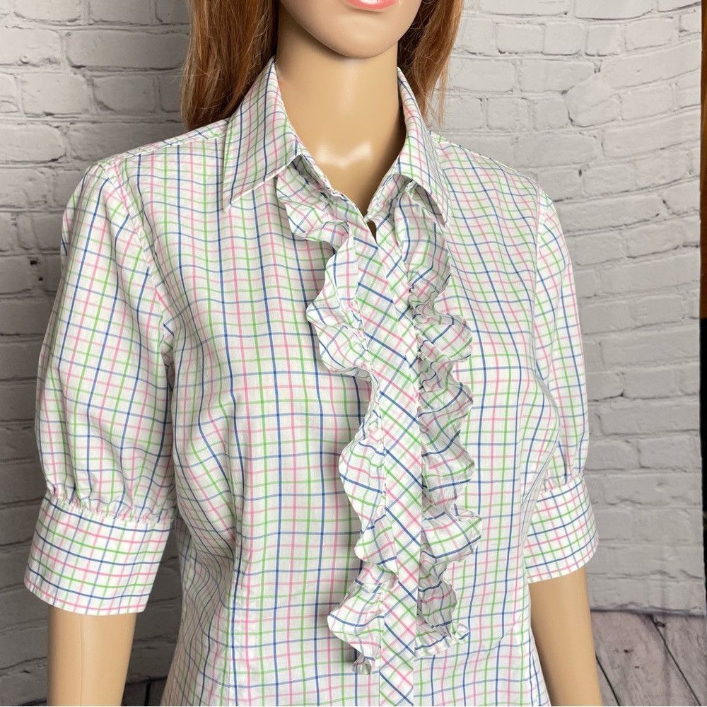 Lilly Pulitzer Lilly Pulitzer Button Ruffle Front Plaid Cotton Shirt Size Size L / US 10 / IT 46 - 2 Thumbnail