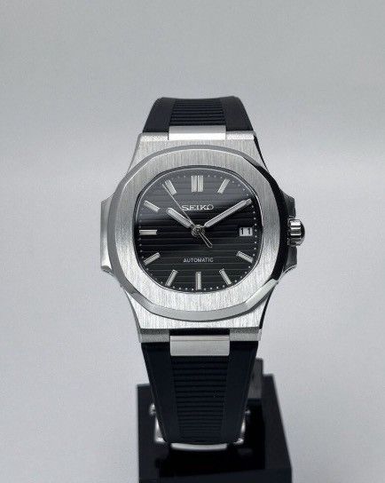 Japanese Brand Seiko Mod Nautilus Black Dial Steel Watch Rubber Strap 41mm Size ONE SIZE - 4 Thumbnail