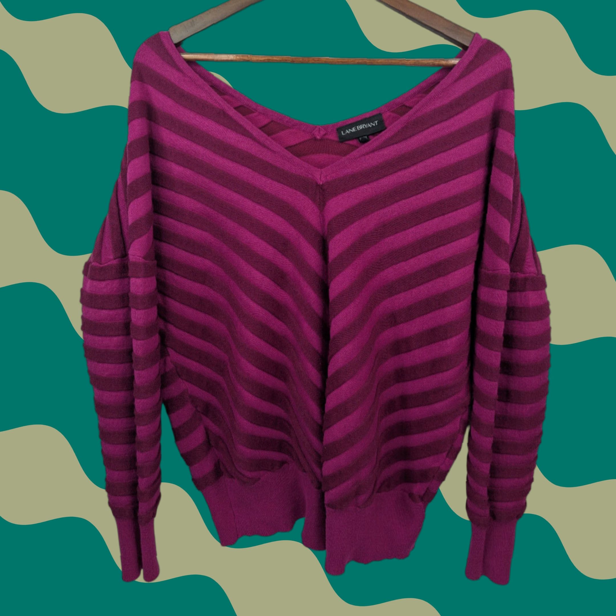 Vintage VINTAGE Lane Bryant Sweater Womens Plus Size 22/24 Magenta Purple Cheveron Stripe Lightweight Knit 73% rayon 27% nylon Womens Size 3XL / US 20-22 - 1 Thumbnail