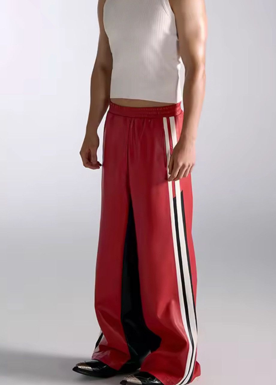 Japanese Brand Red PU Leather Wide-Leg Pants with Stripes Size US 33 - 1 Thumbnail