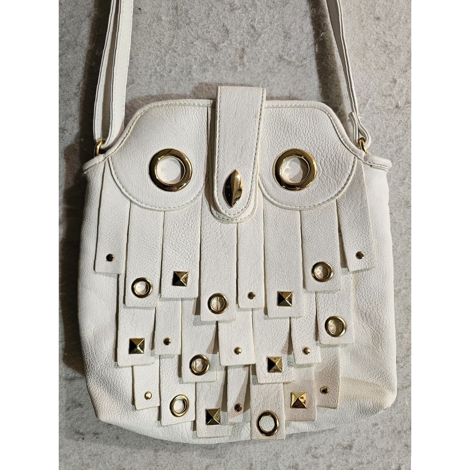 Vintage VINTAGE Rara Avis by Iris Apfel Handbag Owl Purse White With Gold Accents Beaded Faux Leather Womens M Bag Size ONE SIZE - 3 Thumbnail