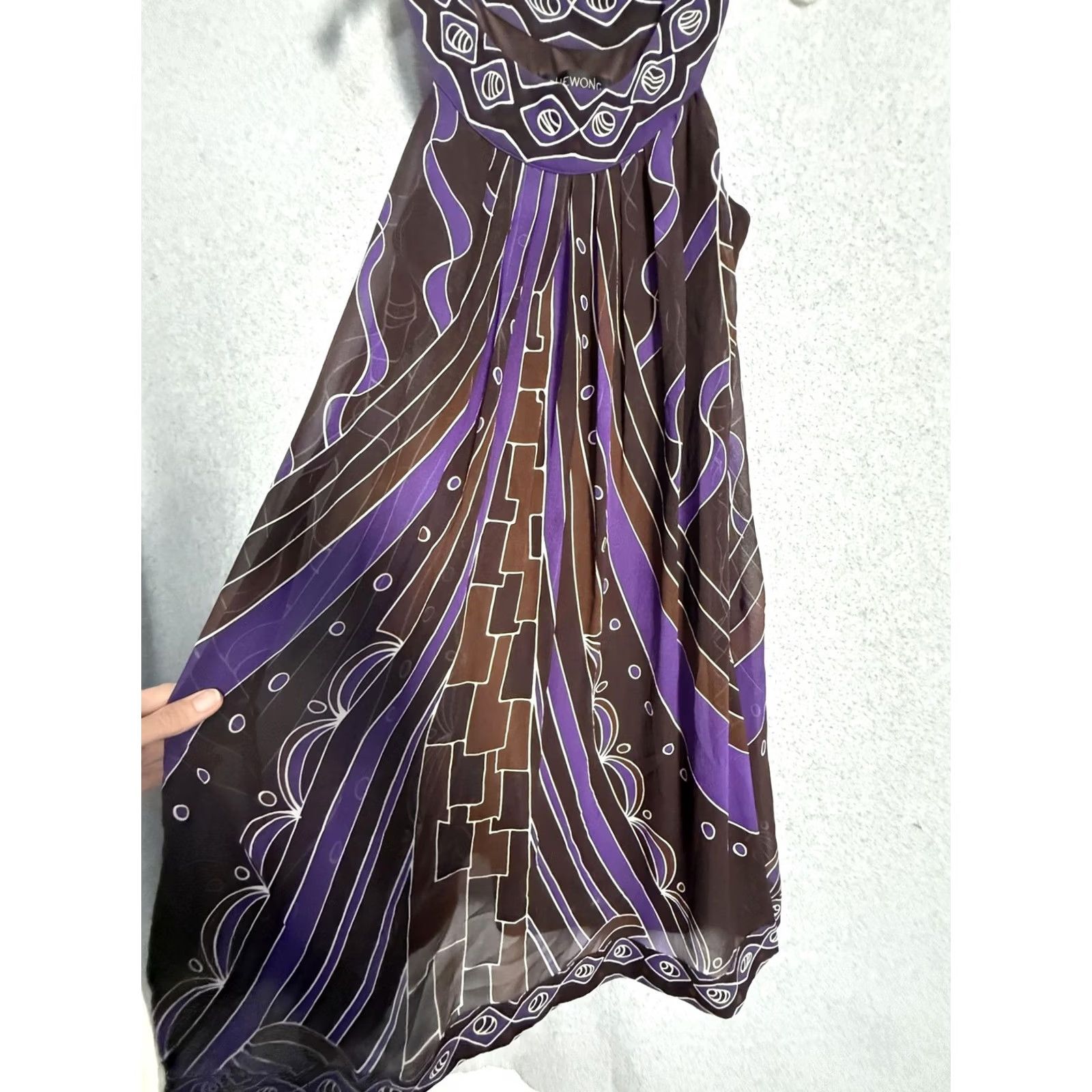 Vintage Sue Wong Dress Womens 10 Brown Purple Silk Trapeze Scoop Neck Knee Sundress Dresses Size L / US 10 / IT 46 - 6 Thumbnail