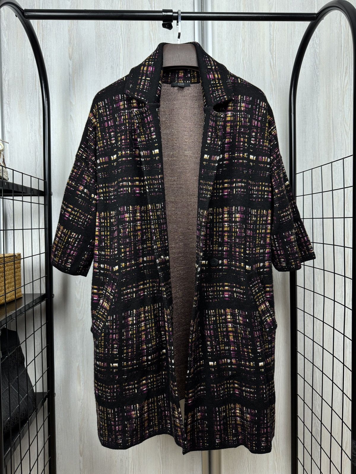 Cos COS Wool Knit Long Cardigan Coat Geo Plaid Button Pockets Size L / US 10 / IT 46 - 3 Thumbnail