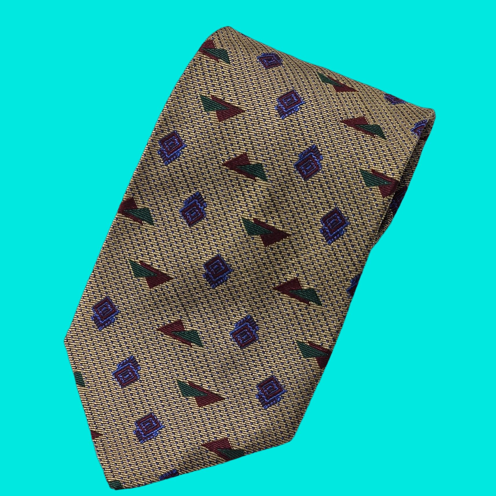 Vintage FERRELL REED Tie Men Gold Silk Geometric Retro Office Wear USA 57.75" X 3.75" 1990s Mens Neckwear Size ONE SIZE - 1 Thumbnail