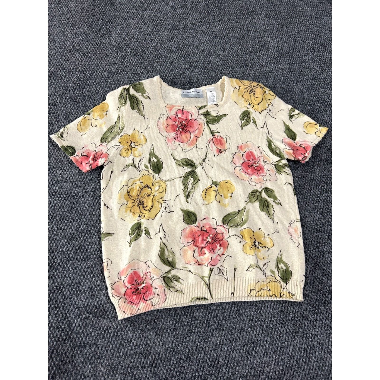 Vintage Alfred Dunner Blouse Womens Petite Medium Beige Floral Short Sleeve Crew Neck Pullover Knit Cotton Ramie Regular Stretch Vintage No N/A Size M / US 6-8 / IT 42-44 - 2 Thumbnail