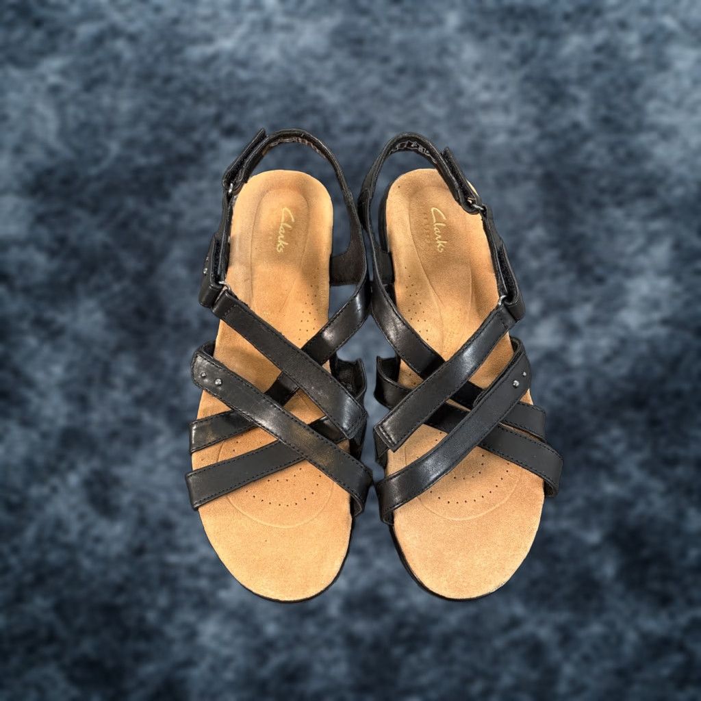 Clarks Clarks Sandals Women Black Strappy Open Toe Hook & Loop Size 11 Faux Leather Shoes Size US 11 / IT 41 - 1 Thumbnail