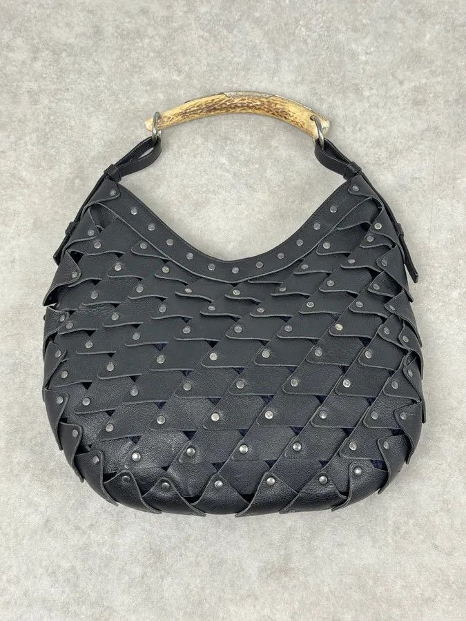 2000s Yves Saint Laurent Mombasa Black Leather Rivet Studded Horn Handle Bag