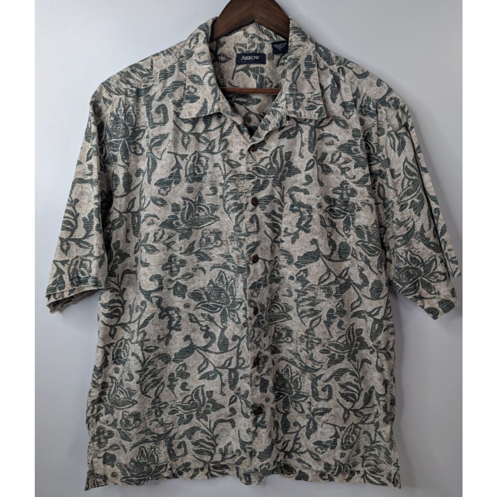 Arrow VINTAGE Arrow Button Shirt Men's L Green Hawaiian Camp Loop Collar Cotton Floral Size US L / EU 52-54 / 3 - 3 Thumbnail