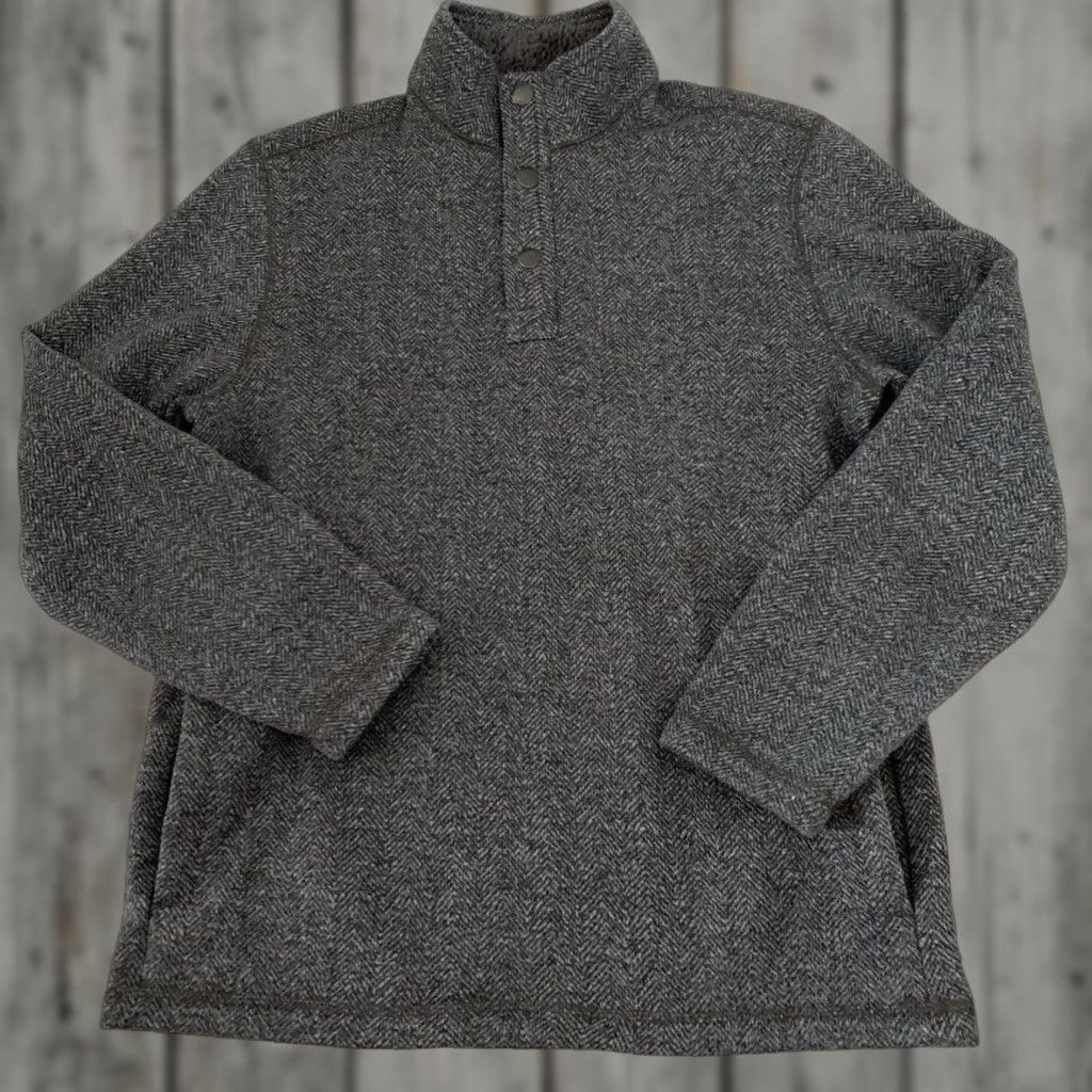 Vintage G.H. Bass & Co. 1/4 Snap Pullover Mens Medium Herringbone Sweater Fleece Lined Pockets Gray Mock Neck Knit Pullover Shirt? Size US M / EU 48-50 / 2 - 1 Thumbnail