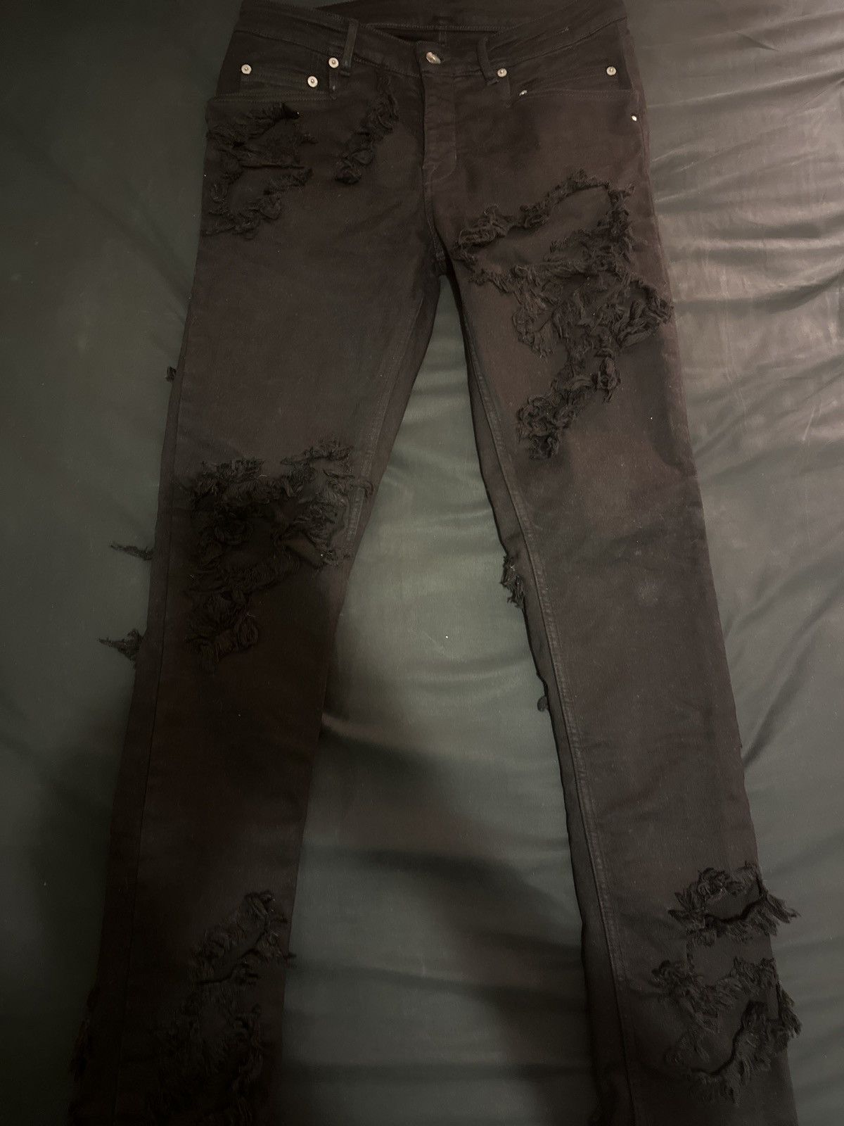 image of Rick Owens Super Distressed Slim Cut Tyrone Jean in Black, Men's (Size 32)