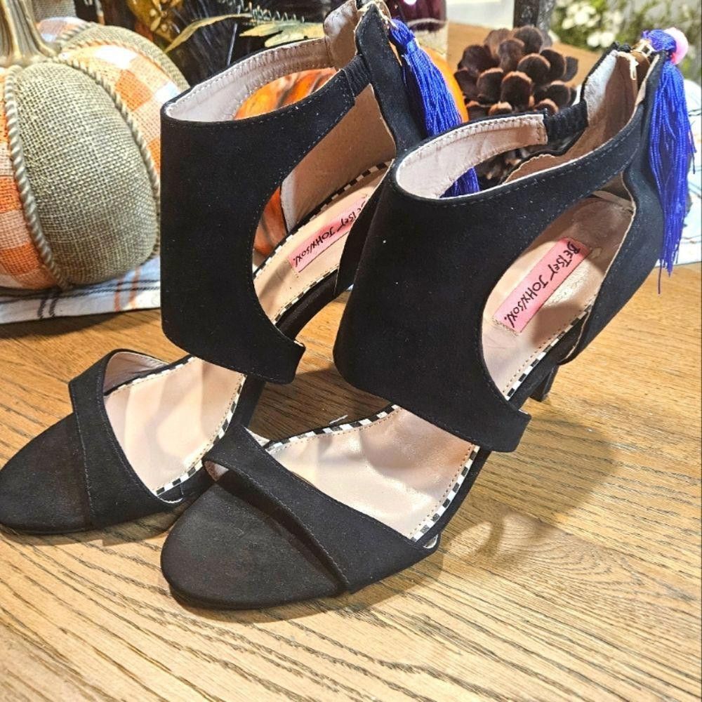 Designer Stylish Black Suede Heeled Sandals with Purple Tassels Size US 10 / IT 40 - 1 Thumbnail