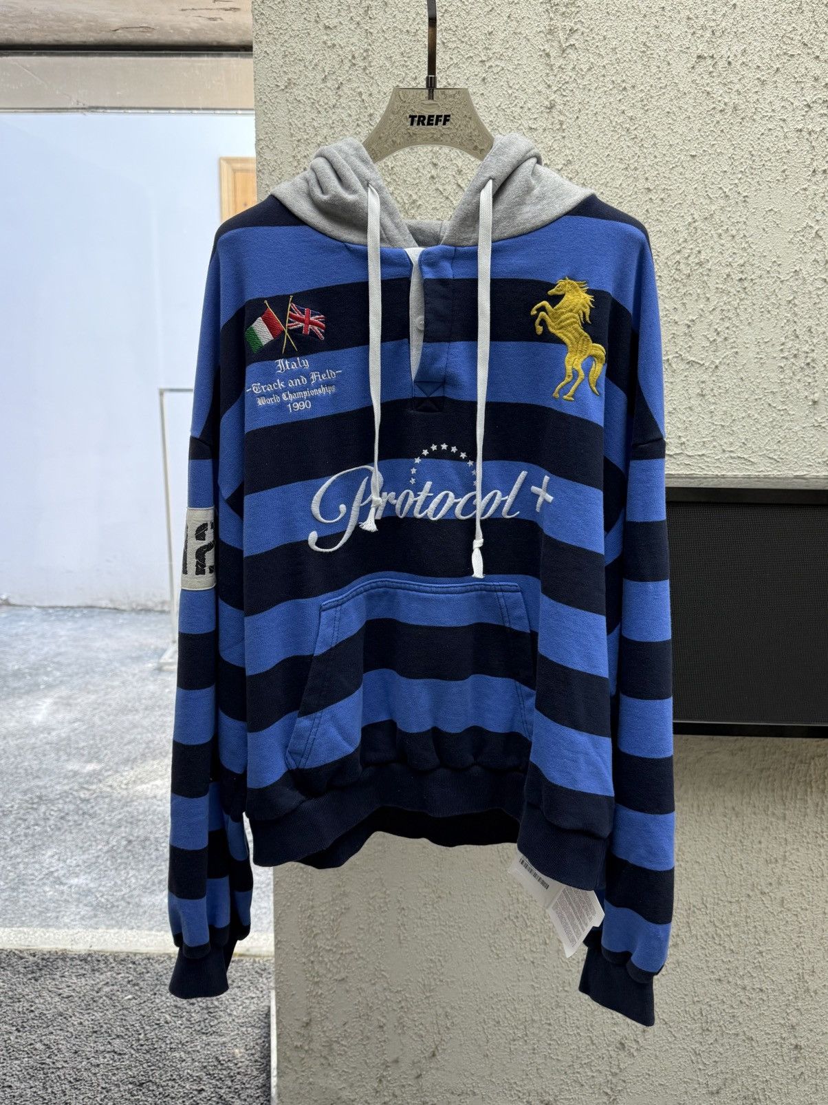 PROJECT G/R PROTOCOL INDEX STRIPE POLO HOODIE - BLUE | Grailed