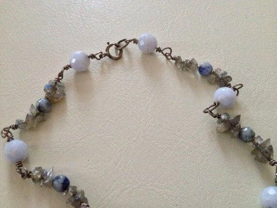 Handmade Silver Rainbow Moonstone Chips Blue Lace Agate Bead Necklace Size ONE SIZE - 4 Thumbnail