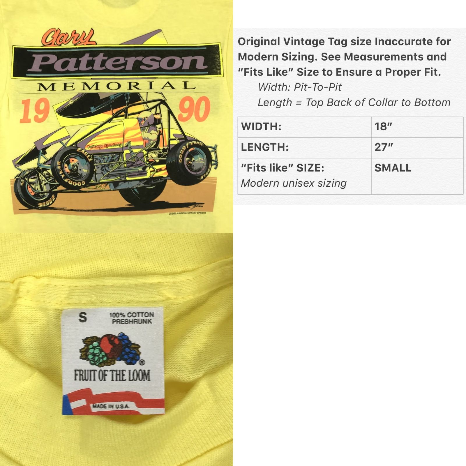 Fruit Of The Loom NOS vintage 90s Gary Patterson Narc Sprint Car Racing T-Shirt S Crew Neck Short Sleeve Yellow Cotton Fruit of the Loom Mens Size US S / EU 44-46 / 1 - 8 Thumbnail