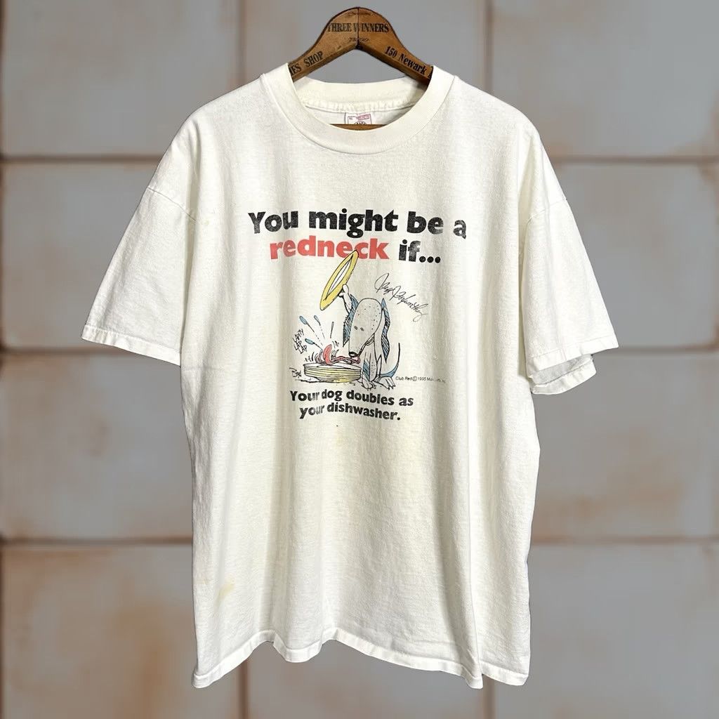 Delta VINTAGE 1990s You Might Be A Redneck If Distressed T Shirt Delta XL White Cotton Men Short Sleeve Crew Neck Graphic 90s USA Art - Mens Size US XL / EU 56 / 4 - 1 Thumbnail