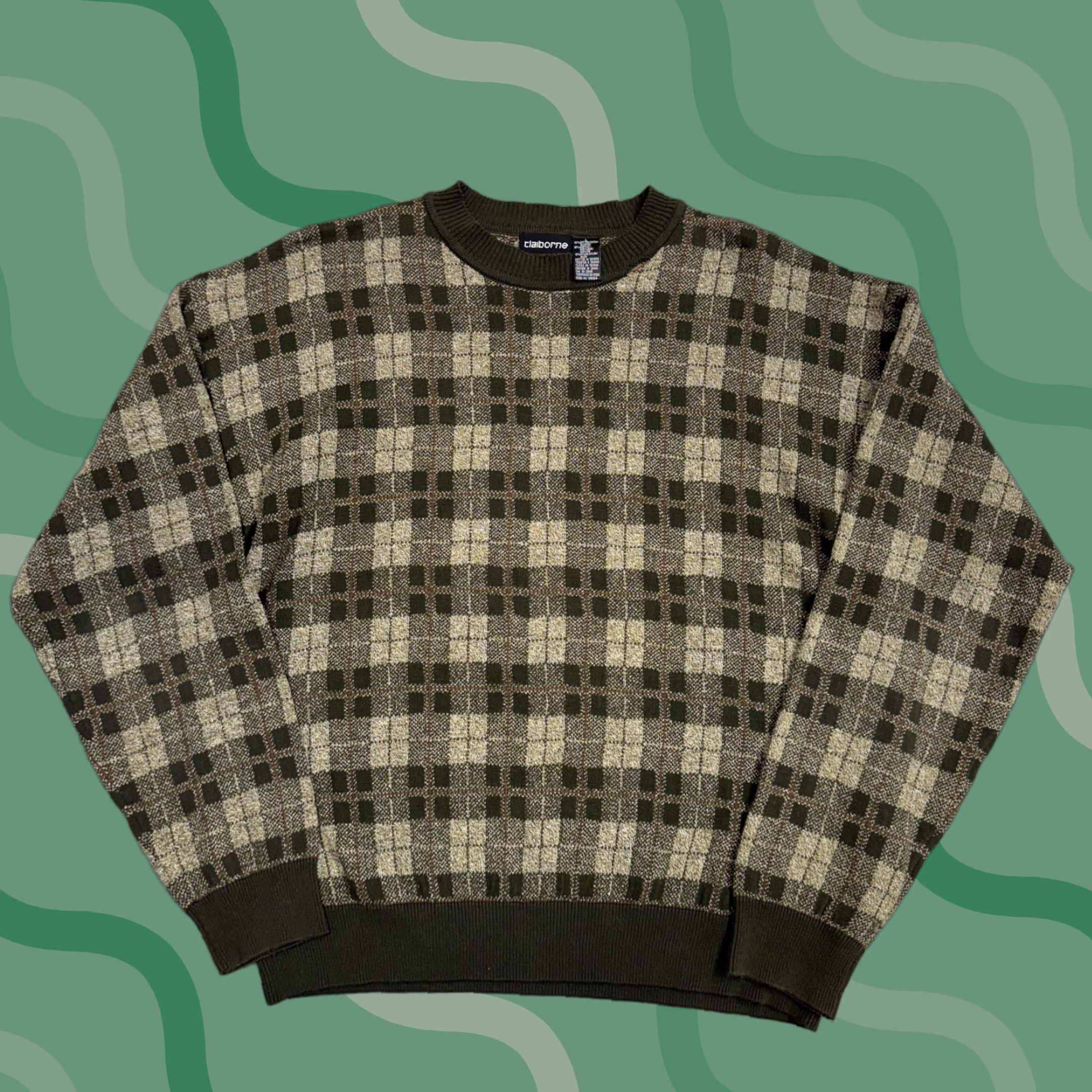 Liz Claiborne Claiborne Sweater Mens Large Green Check Knit Crewneck Pullover Pattern Knit Style Tight-Knit Cotton Acrylic Rayon Crew Neck Check Mens L Green Size US L / EU 52-54 / 3 - 1 Thumbnail