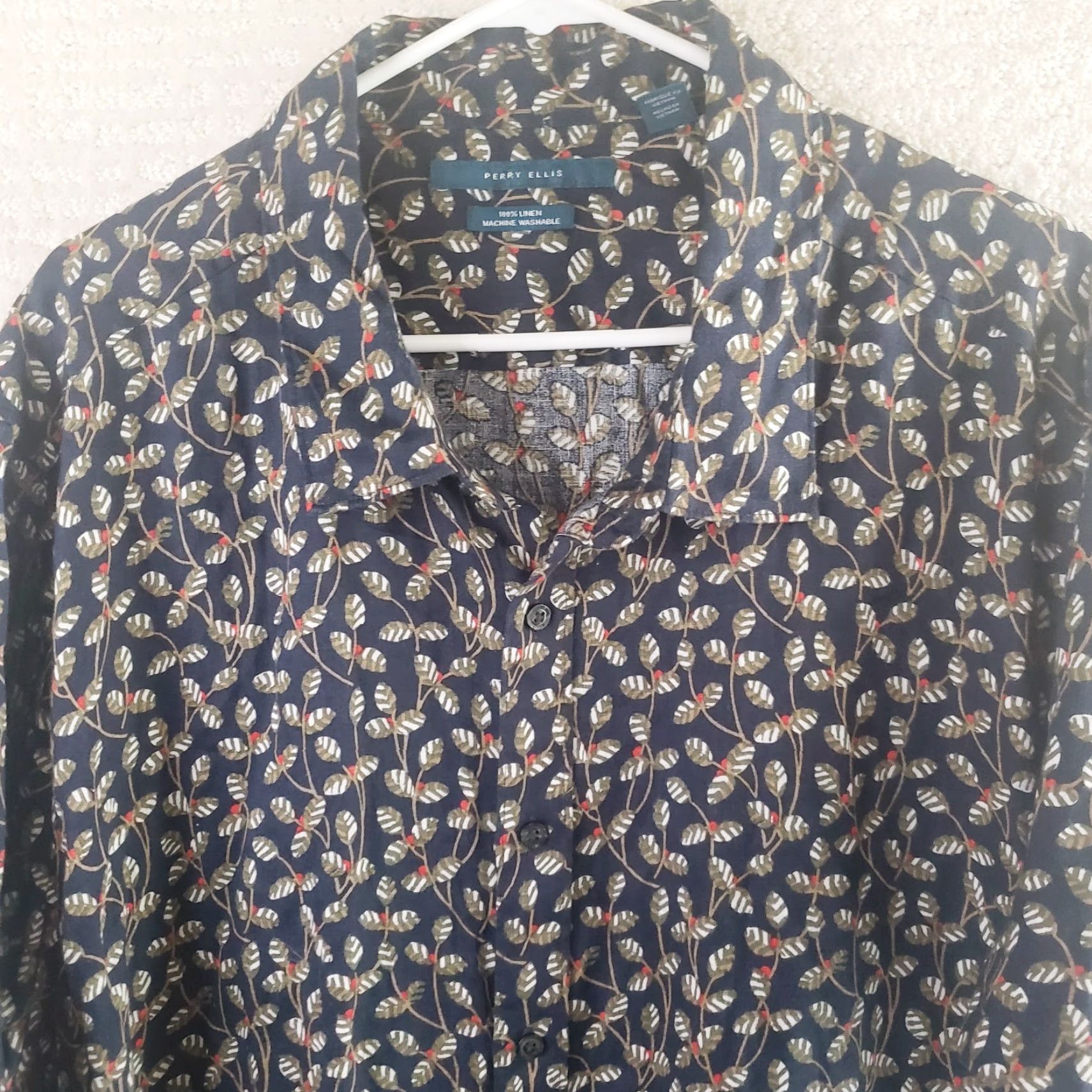 Perry Ellis Perry Ellis Shirt Mens 3X Black Linen Floral Beach Summer SS Geometric Button-Up Short Sleeve Beach Theme Mens Size US XXL / EU 58 / 5 - 3 Thumbnail