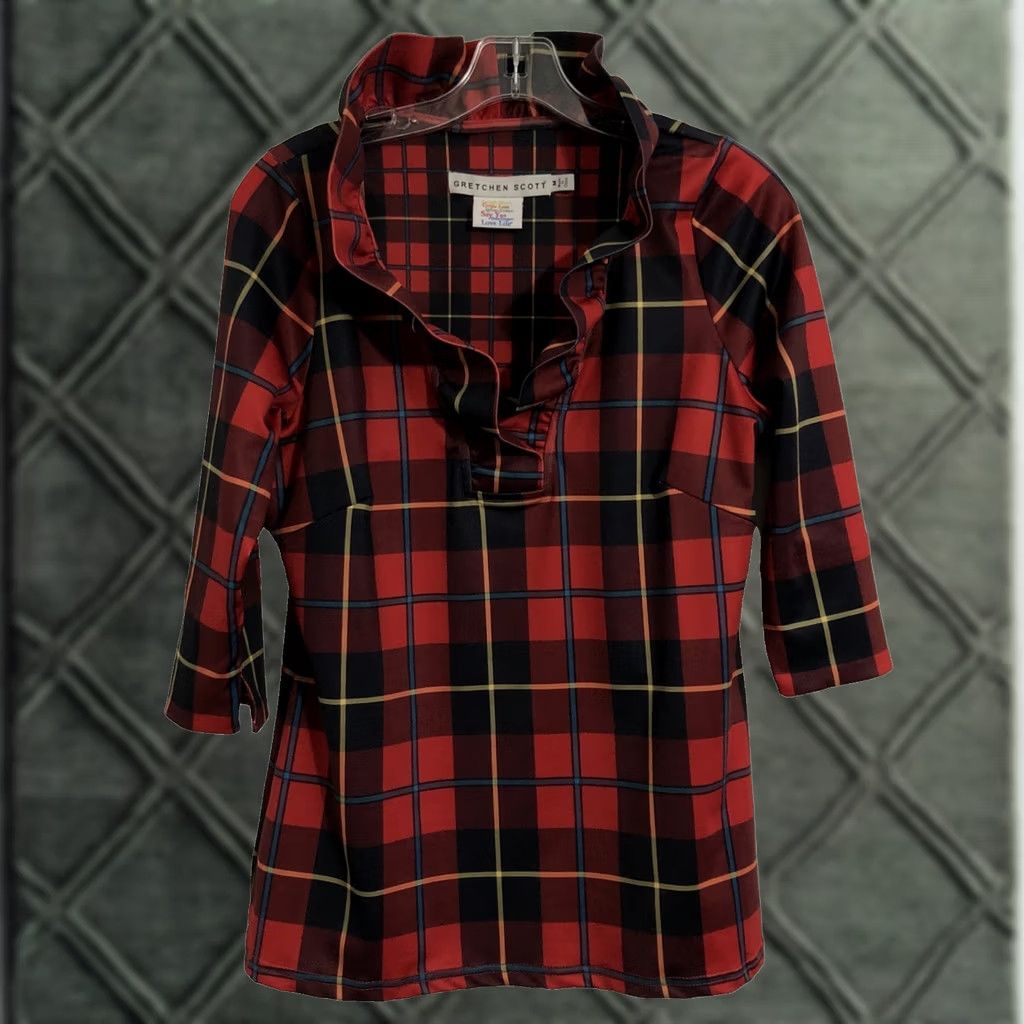 Vintage Gretchen Scott Blouse Middleton Red Plaid 3/4 Sleeve Ruffle Neck Top M Women Size M / US 6-8 / IT 42-44 - 1 Thumbnail