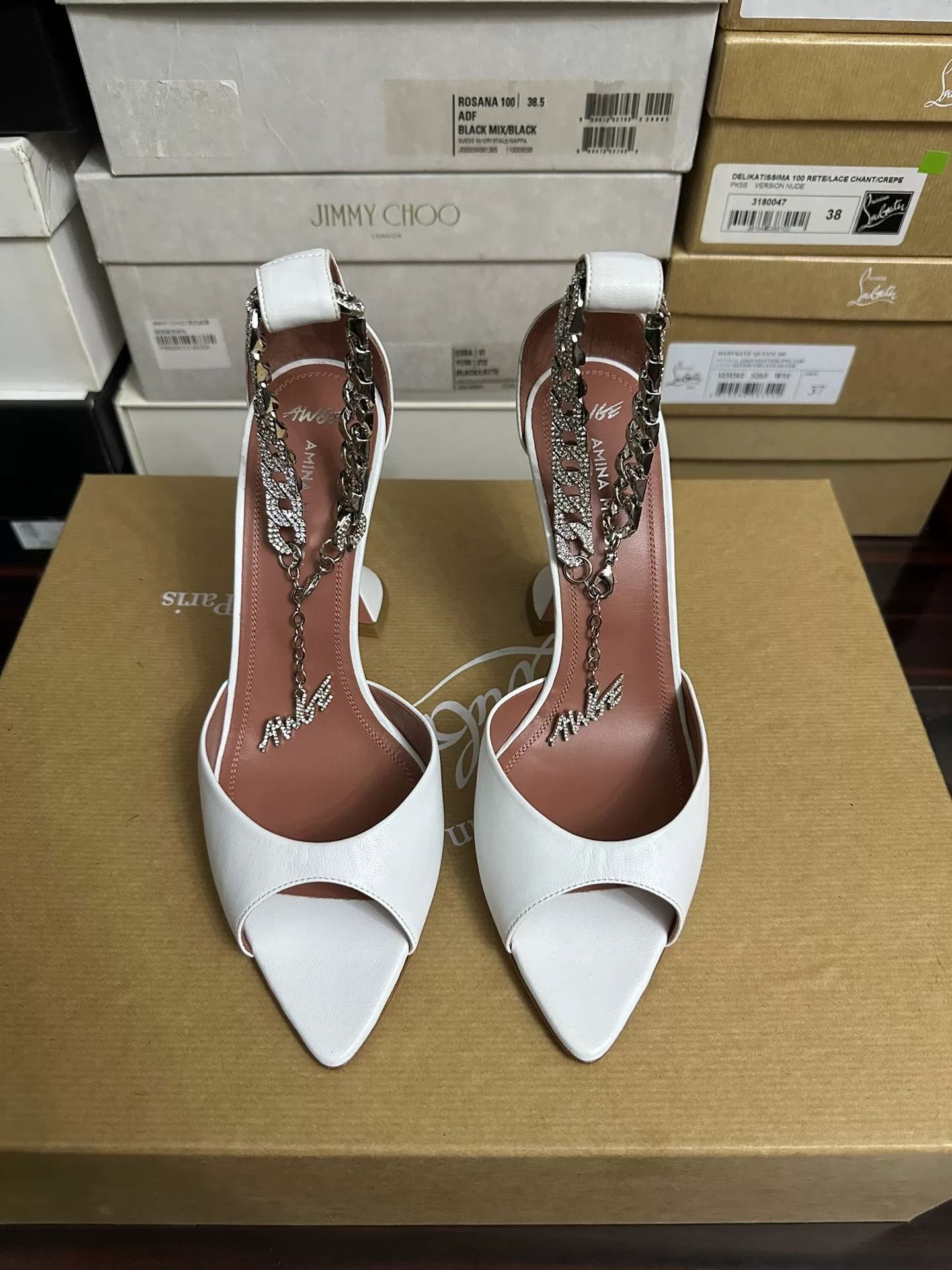 Amina Muaddi Amina Muaddi White Chain Heels Size US 6 / IT 36 - 1 Thumbnail