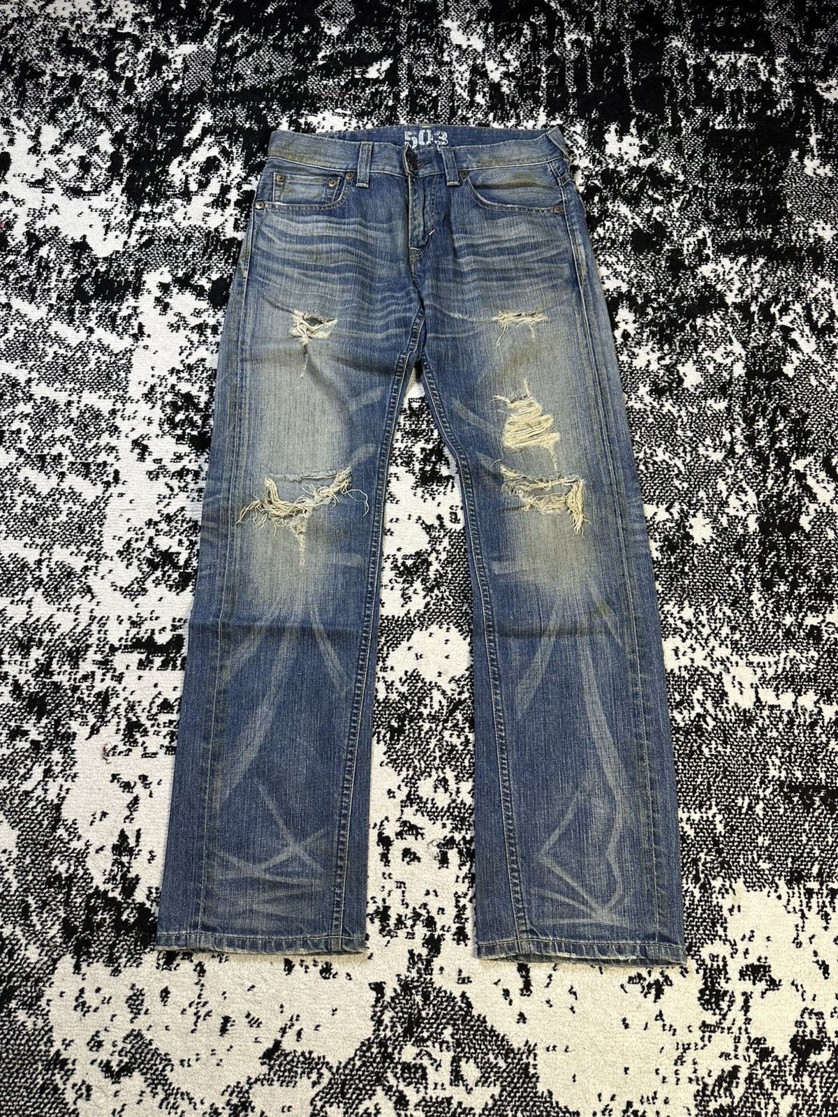 If Six Was Nine 2000s Flare Edwin 503 Blue Trip Distressed Denim Size US 30 / EU 46 - 1 Thumbnail