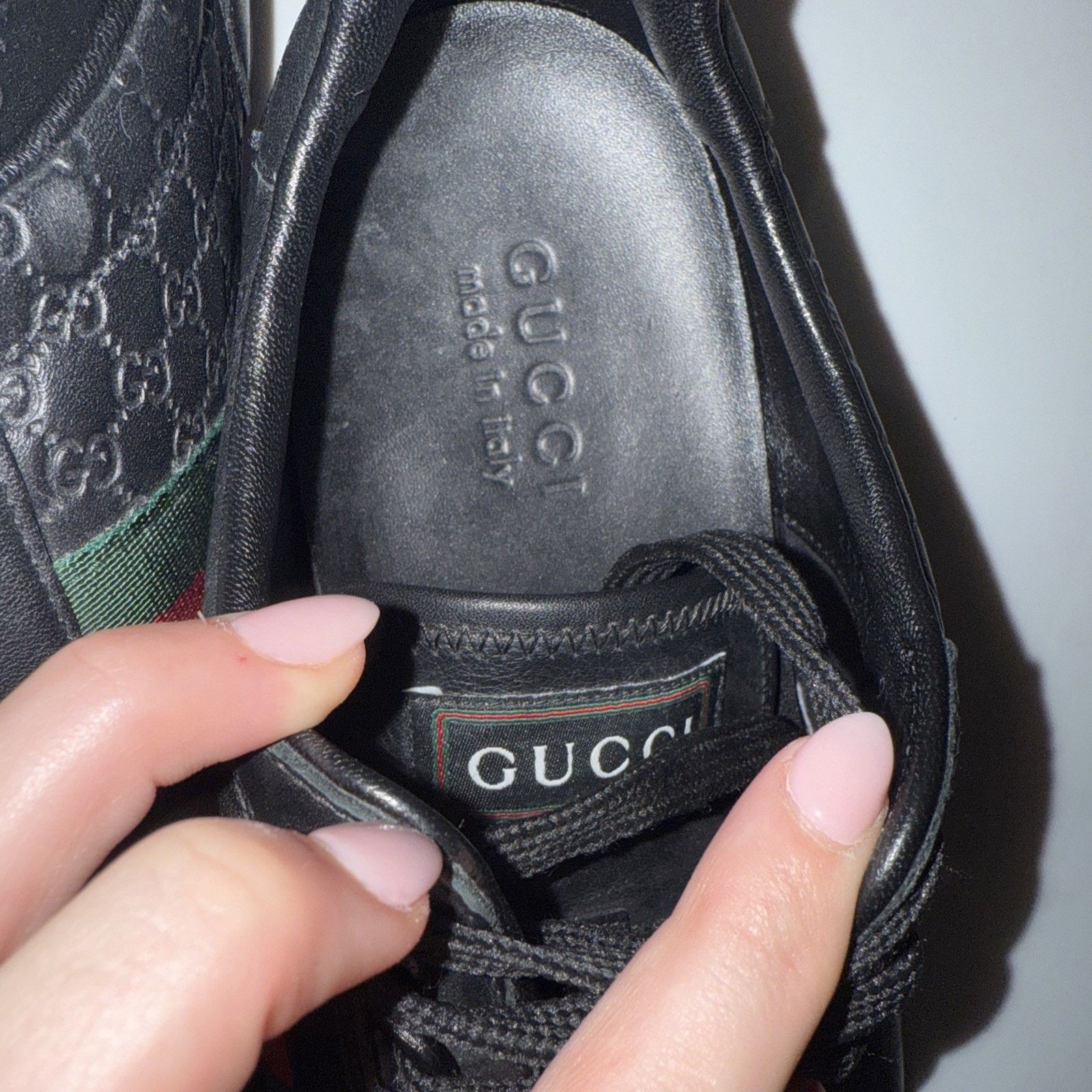 Gucci Authentic Gucci Men's Black Leather Web Sneakers Size 9.5 US Size US 9.5 / EU 42-43 - 6 Thumbnail