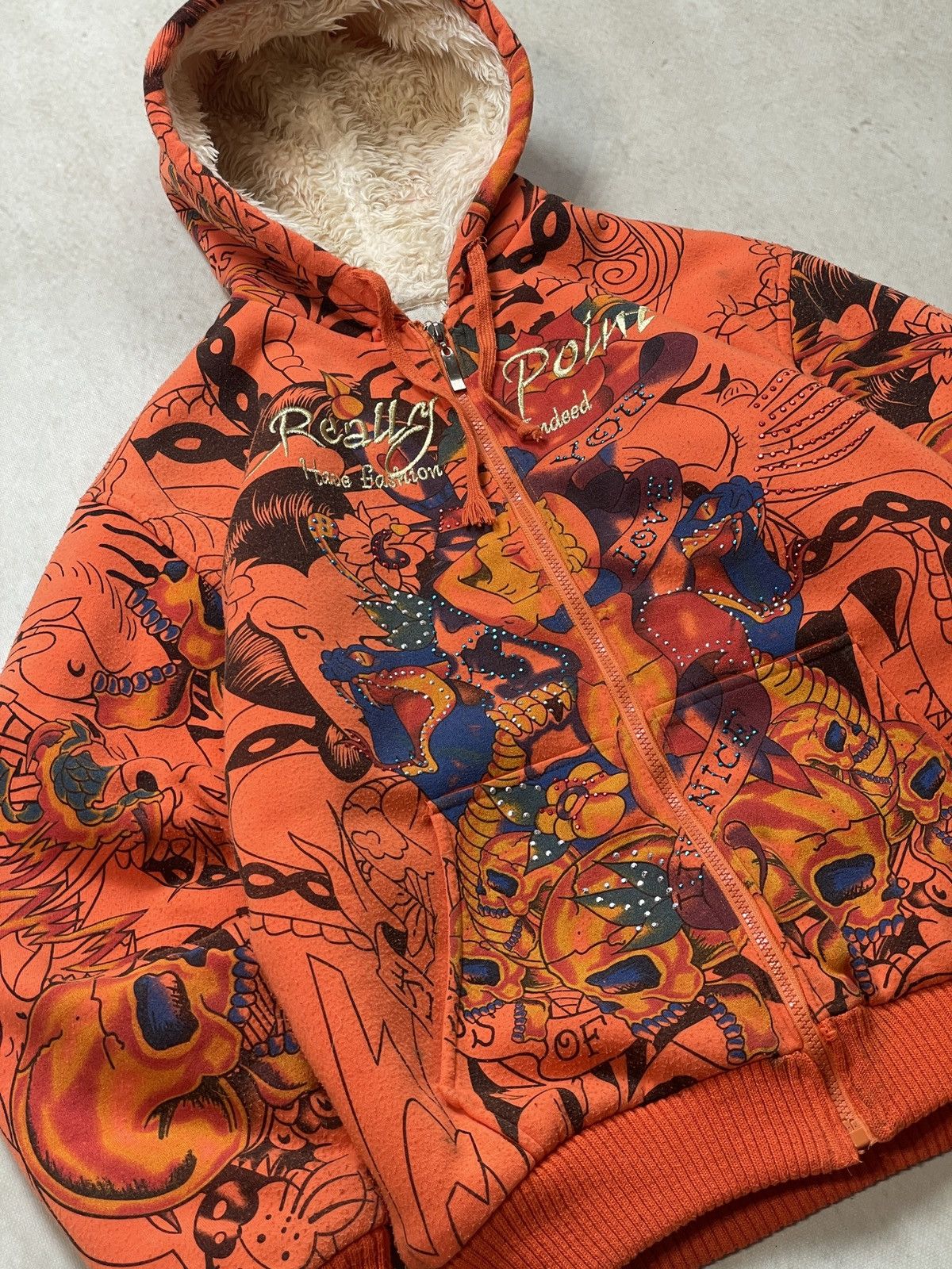 Christian Audigier 🔥Y2K VINTAGE REALLY POINT WOLF JAW JACKET MOHAIR ZIP HOODIE🔥 Size US L / EU 52-54 / 3 - 3 Thumbnail