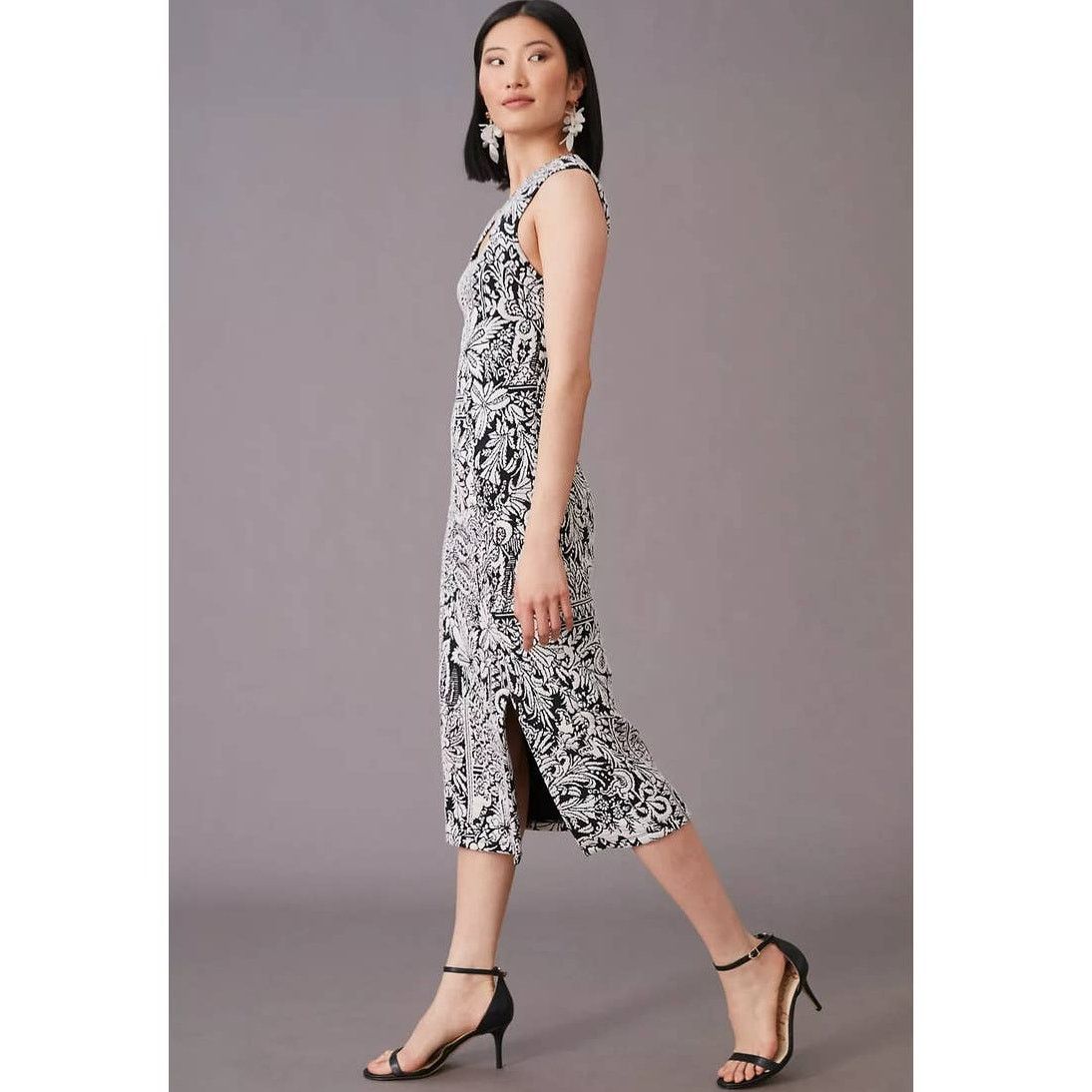 Anthropologie New Anthropologie Jacquard Cut-Out Midi Dress $148 LARGE B&W Size L / US 10 / IT 46 - 4 Thumbnail