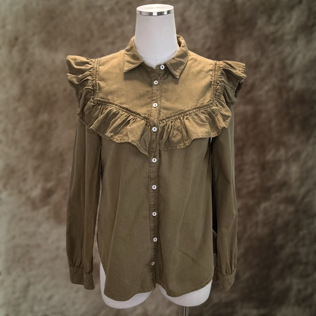 Vintage Pilcro Shirt Womens Small Green Ruffle Yoke Button Front Long Sleeve Twill Top Size S / US 4 / IT 40 - 1 Thumbnail