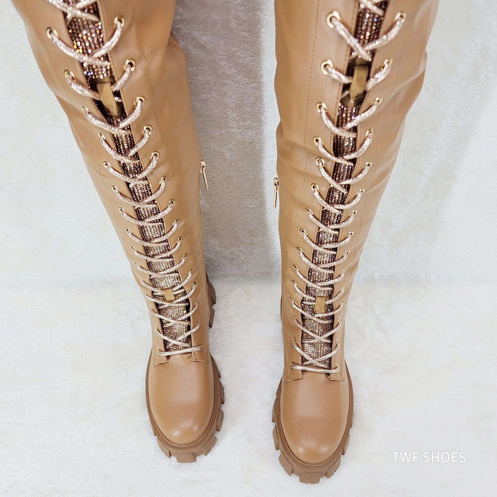 Other Roscoe Rose Gold Tan Combat Thigh High Boots Rose Gold Rhine Size US 11 / IT 41 - 5 Thumbnail