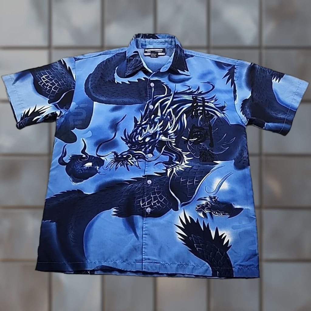 Vintage Yago Button Up Shirt Mens Small Blue Dragon Short Sleeve Asian Tribal Casual Manga Pattern All Seasons Breathable Lightweight Easy Care Size US S / EU 44-46 / 1 - 1 Thumbnail