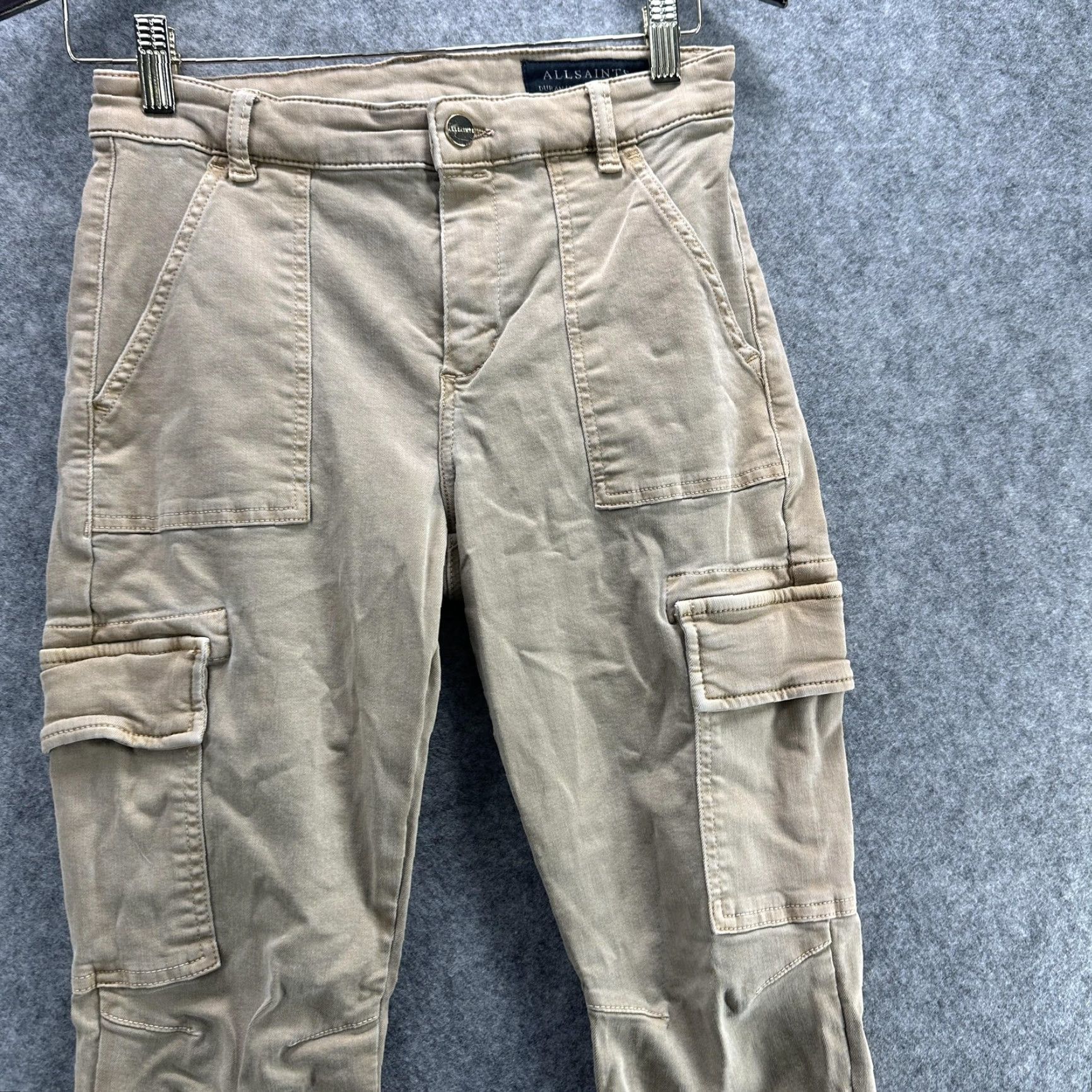 Allsaints AllSaints Duran Skinny Cargo Pants Womens 27 Beige Khaki Stretch Utility Pockets Zip Button Twill Cotton Polyester Spandex Casual Size 27" / US 4 / IT 40 - 4 Thumbnail