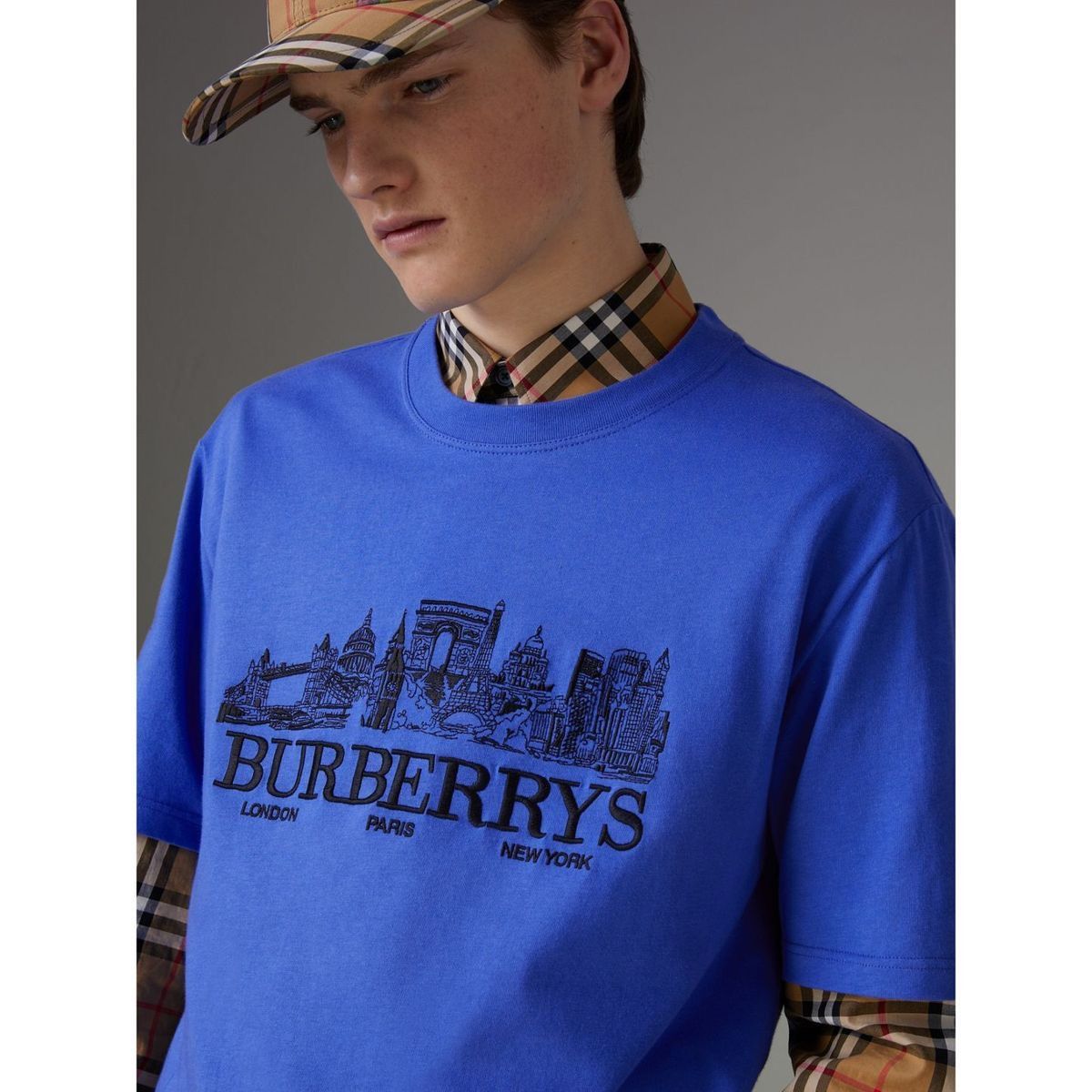 image of Burberry Skyline-Embroidered Cotton-Jersey T-Shirt Blue, Men's (Size Medium)