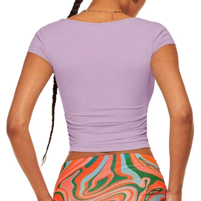 Shein Square Neck Ruched Side Crop Tee in Lilac, Size XS Size XS / US 0-2 / IT 36-38 - 2 Thumbnail
